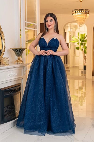 Matik Abiyem Glittering Dalya V-Neck Long Princess Evening Dress