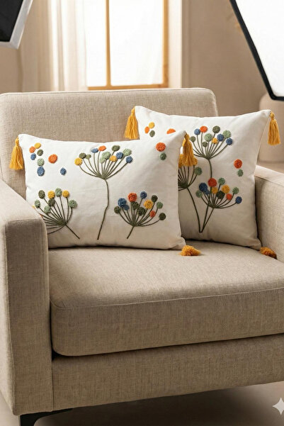 BUGİ HOME COLLECTİON Διπλό τετράγωνο κάλυμμα μαξιλαριού με κέντημα με λουλούδ...