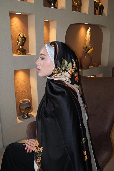 diorel Liva Çiçek Desen İpek Vual Şal Siyah
