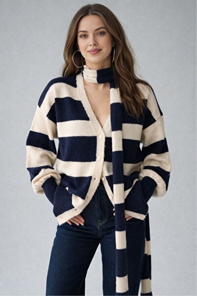 Lupies Kadın Lacivert Atkılı Triko Hırka