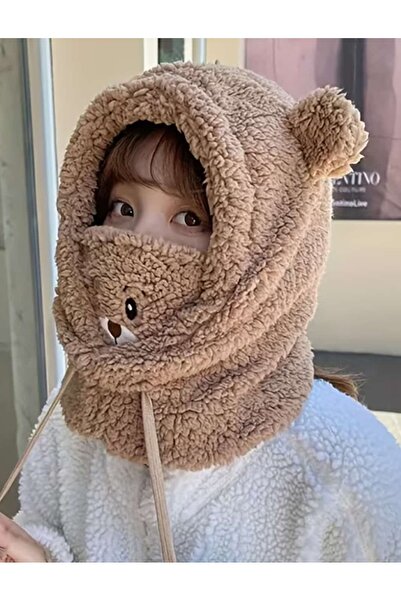 ÇEÇEN HOME 1 Adet Ayıcıklı Yüz Maskeli Kadın Boyunluk Şapka ,Peluş Ayı Şapka,...