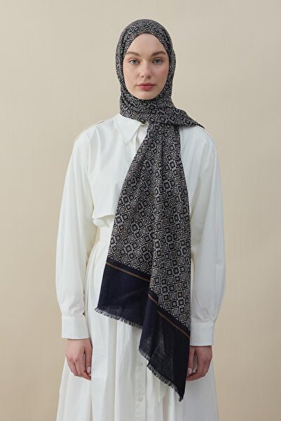 diorel Navy Motif Yün İpek Şal