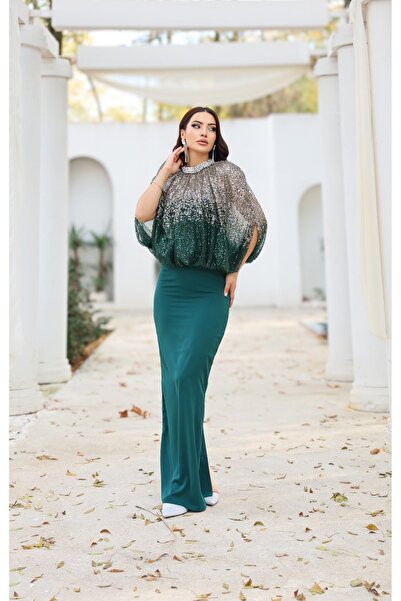 DADO BELLA Zümrüt Yeşili Krep Kumaş Üst Bocuk Payet İşlemeli Yarasa Kol Krist...