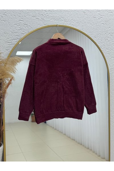 MİHRA STORE Cardigan din pluș cu pene cu nasturi aurii Feronia-Zİ5250 Roșu Claret