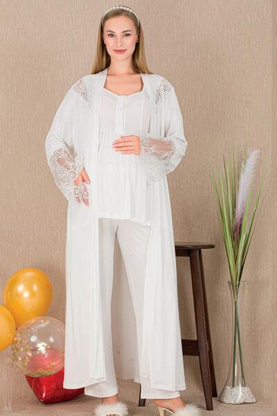 REN Women's Tulle Guipure Detail 3-Piece Maternity Pajama Set, Long Maternity...