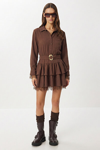 Lovelyİstanbul Lace Detailed Layered Mini Woven Dress Llw0003 Brown
