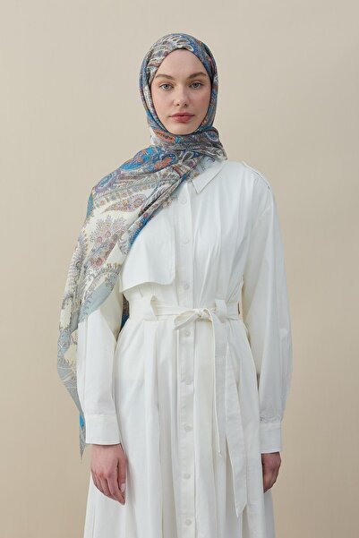 diorel Tropikal Badem Desen Yün İpek Şal Mavi-Gümüş