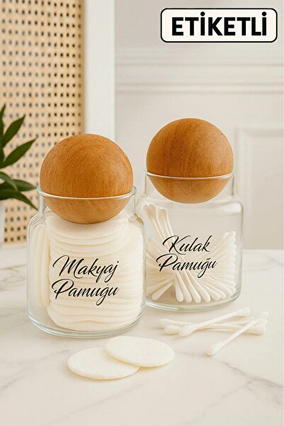 Evalins Clairo 2’li Büyük Boy Cam Pamukluk 500 ml, Ahşap Top Kapaklı Etiket H...