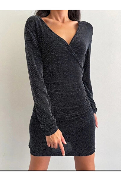 nedo7 Long Sleeve Double Breasted Glitter Dress -Black