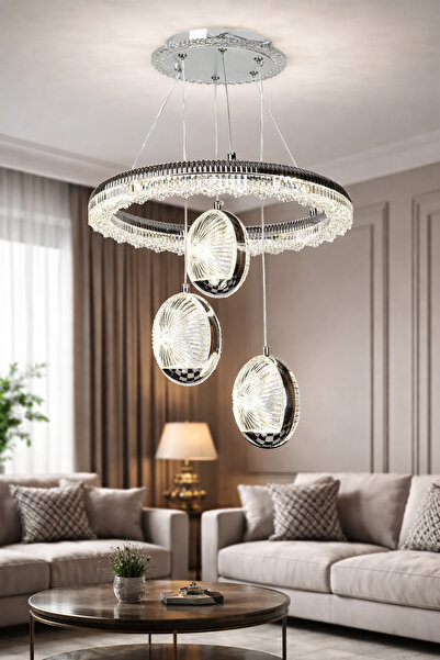 EY-EL TASARIM DURU KROM 3 TOPLU + ÇEMBER LEDLİ 3 RENK MODERN SARKIT AVİZE