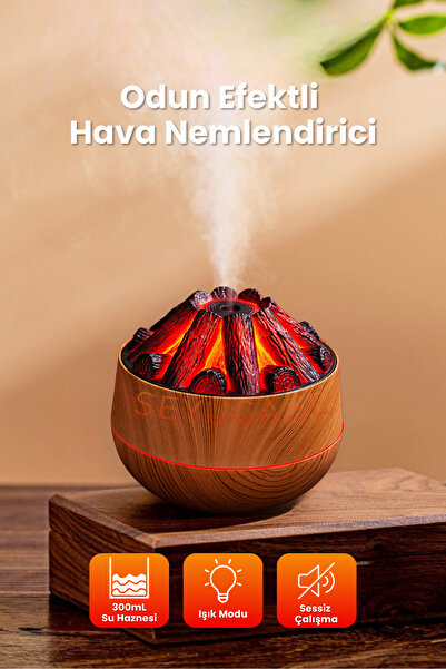 SEYUCASE Ahşap Odun Ateşi Efektli Hava Nemlendirici Aroma Difüzörü Aromaterap...