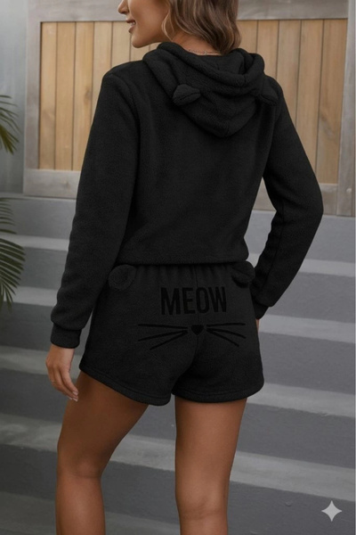 nedo7 Women's Long Sleeve Hooded Plush Blouse and Short Short Double Set