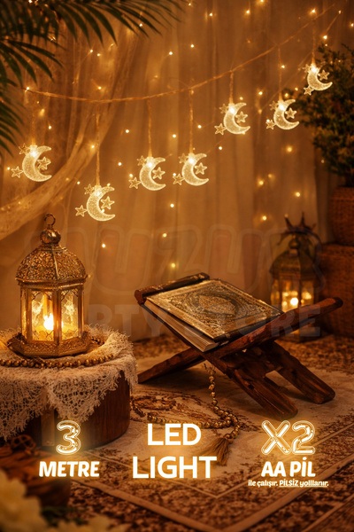 Huzur Party Store 3 Yıldız 1 Hilal Ay Figürlü Led Işık 3 Metre Hoşgeldin Rama...