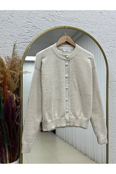 MİHRA STORE Sevil Gold Buttoned Bearded Short Cardigan-Zi̇5246 Stone