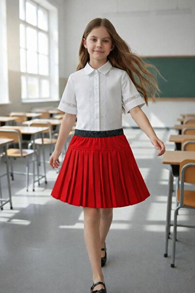 Yakalaa Girl's Lace-Detail Shirt and Skirt with Silvery Pleats at the Waist