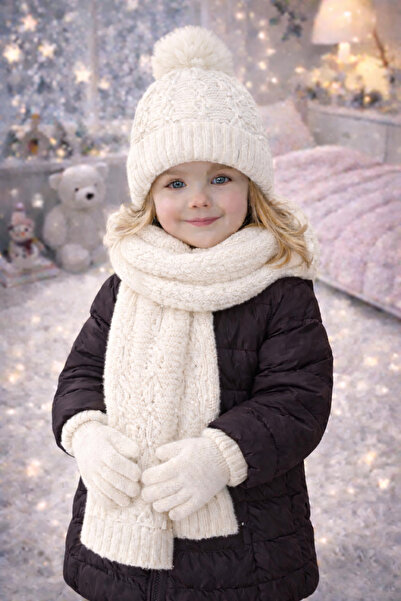 Monkabox 4-8 yaş kız incili içi polar atkı bere eldiven seti