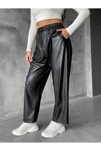 BORCKA TEKSTİL Black Color High Waist Leather Skinny Leg Women's Trousers