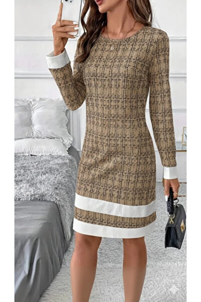 nedo7 Women's Long Sleeve Round Neck Hem Striped Detail Mini Woven Dress