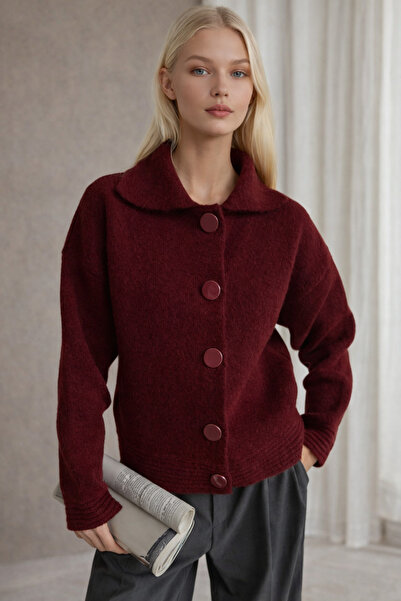 Podyum Park Women's Buttoned Soft Textured Cardigan – Wide Collar, Comfortabl...