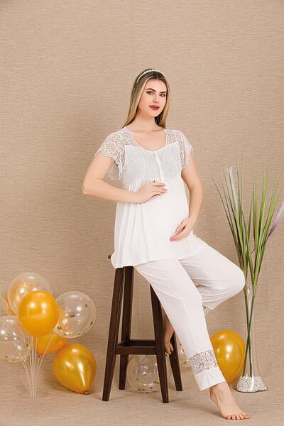 REN Women's 2-piece maternity postpartum pajama set, nursing button-down, lac...