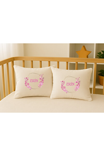 Moda Lime 2’li İsimli Bebek Yastık Kılıfı 35x40 cm | Pembe Çiçek Çelenkli Kız...