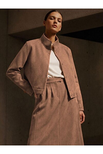 RİVUS Mock Neck Short Suede Jacket with Belt Detail - Brown