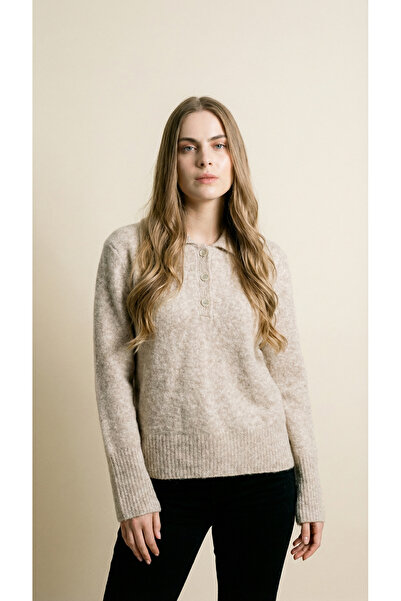 Shophia Beige Polo Neck Women's Knit Sweater