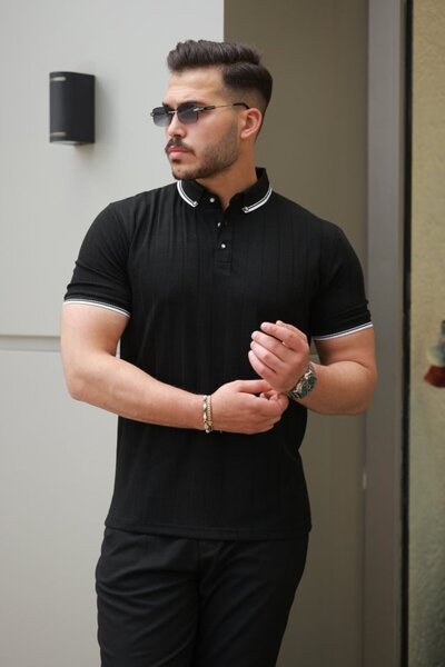 BY BASAK collection Men's Button Collar Jacquard Fabric Short Sleeve T-Shirt