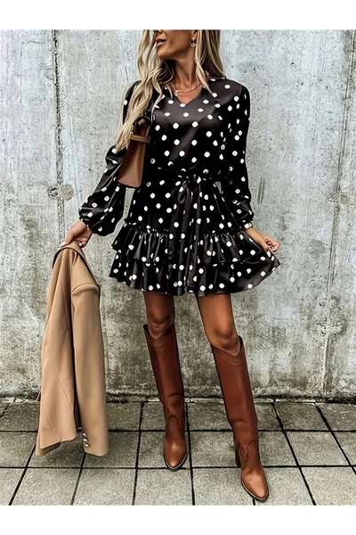 nedo7 فستان نسائي قصير بأكمام طويلة ورقبة على شكل حرف V وحزام على الخصر