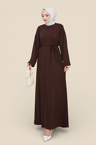 Eliva Women's Modal Fabric Front Stitched Belted Tie Hijab Dress