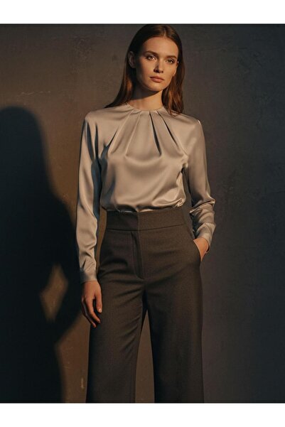 RİVUS Special Design Drawstring Collar Detailed Snap Button Body Blouse - Gray