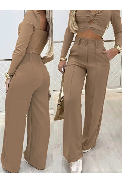 nedo7 Women's Long Sleeve Low-Cut Imported Crepe Blouse and Pants Two-Piece Set