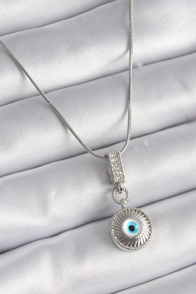 shopwave 316L Steel Silver Rk Zircon Stone Evil Eye Bead Model Women's Necklace