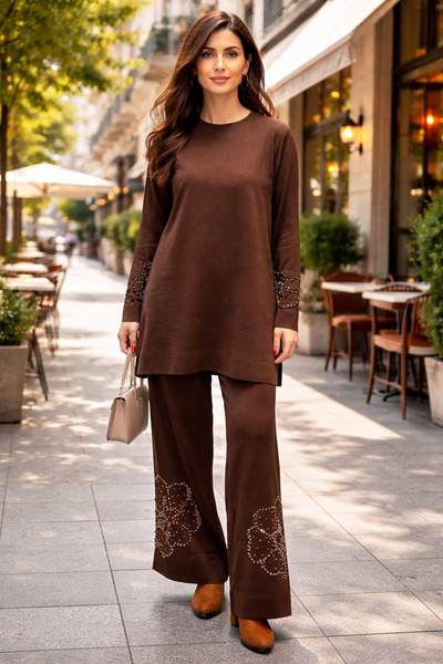 Lale Butik Sleeves and Legs Stone Embellishment Detail Crew Neck Knitwear Set...