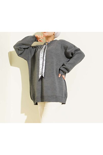 Vaniza Crew Neck Scarf Casual Knit Sweater