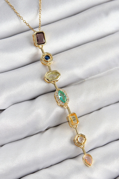 shopwave قلادة نسائية على شكل حجر الزركون الملون من النحاس باللون الذهبي مكون...