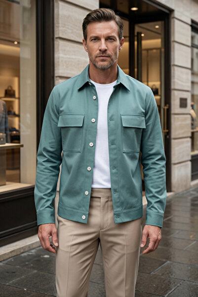 alenmeza Erkek Mint Rengi Çift Cepli Rahat Kalıp Gömlek Ceket