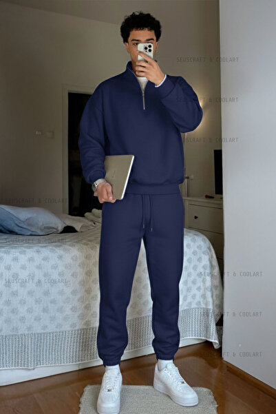 coolart 3 İplik Basic D Mock Neck Sweatshirt Sweatpants Jogger - Navy Blue Tr...