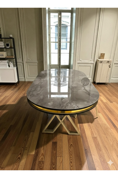 MSY HOME İroni Gold/Krom Detaylı Lake Panel 90*170 Cm Oval Masa