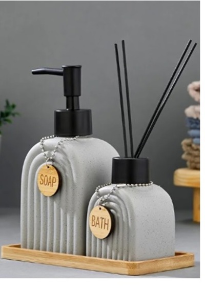 ERGENÇLER Ckr3885 320 ml Double Ceramic Bathroom Set with Bamboo Stand