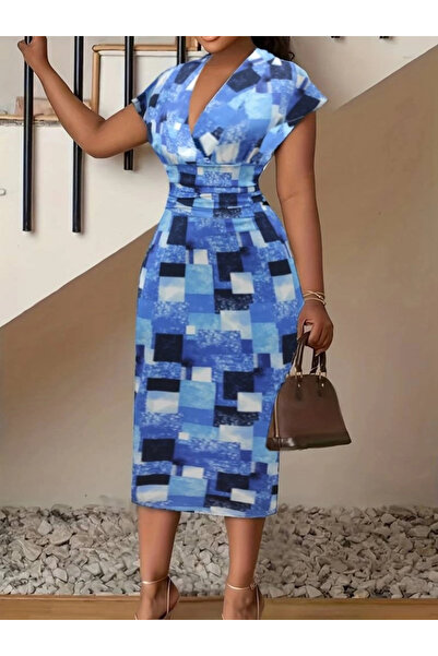 nedo7    Women's Short Sleeve Deep V Neck Diver Midi Dress