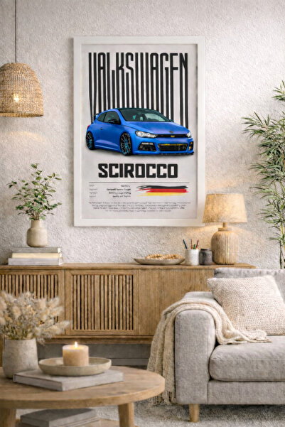 NNero Volkswagen Scirocco Mavi Poster 21x30 cm Beyaz MDF Çerçeveli Duvar Tablosu