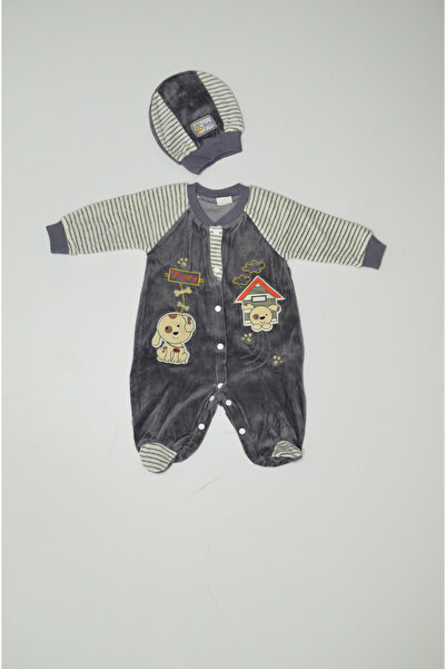 Baby Slon Kids Clup Kışlık kadife köpek nakışlı şapkalı full çıtçıt kapamalı ...