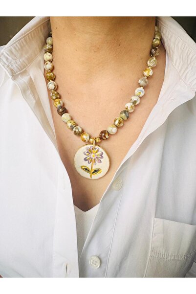 DEVİ fashion Natural Stone Design Necklace with Ceramic End 48 cm