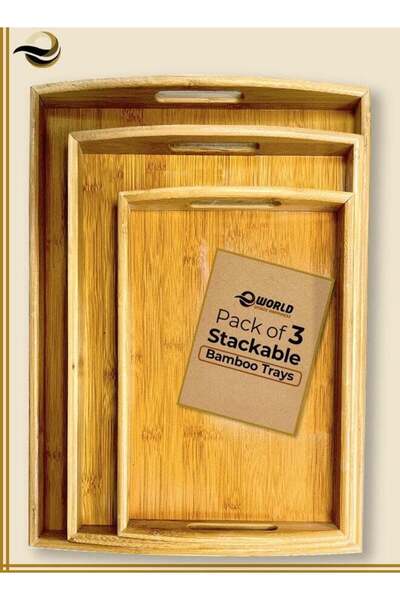 Mosh Eworld Stackable Bamboo Serving Tray With Handles, Set of 3 Sizes