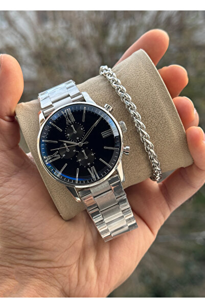 Tulpar Steel Cord Silver Color Black Dial Men's Wristwatch with Bracelet Gift