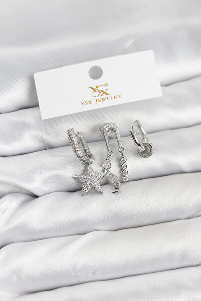 norsary Brass Silver Color Zircon Stone Star Vintage Model Ysx Trio Earring Set