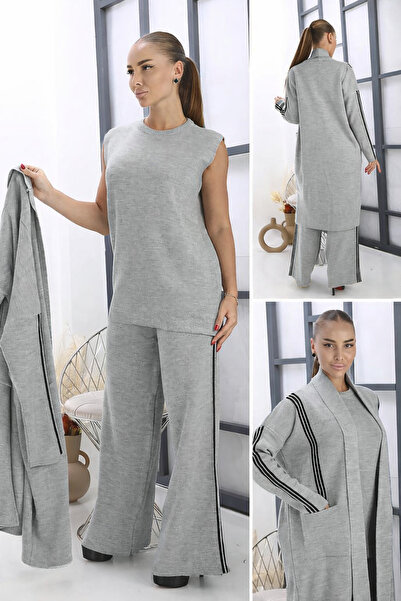 Cannes Gray Color 3 Piece Set with Pants and Cardigan