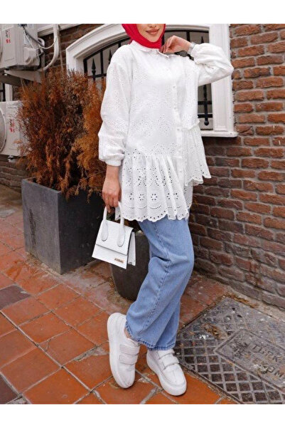 nedo7 Pearl Buttoned Shirt with Ruffle and Scallop Detail - White