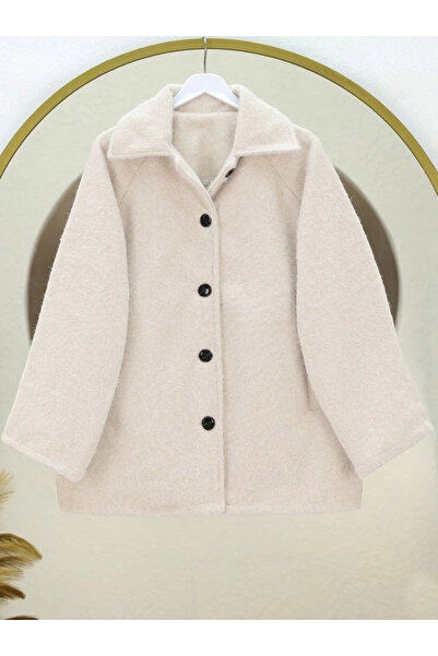 nedo7 Double pocketed, buttoned front lined boucle coat - ecru